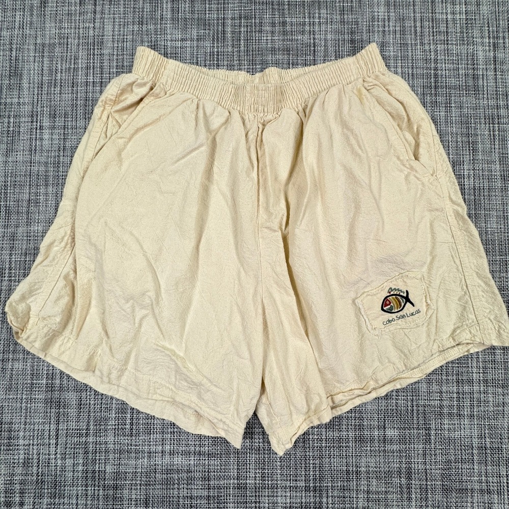 Miro Mens' Shorts Cabo San Lucas Fish Patch Cotton Elastic Waist Cream XXL Retro